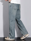 Men's Retro High Street Fashion Elastic Waist Drawstring Wide-Leg Straight Jeans
