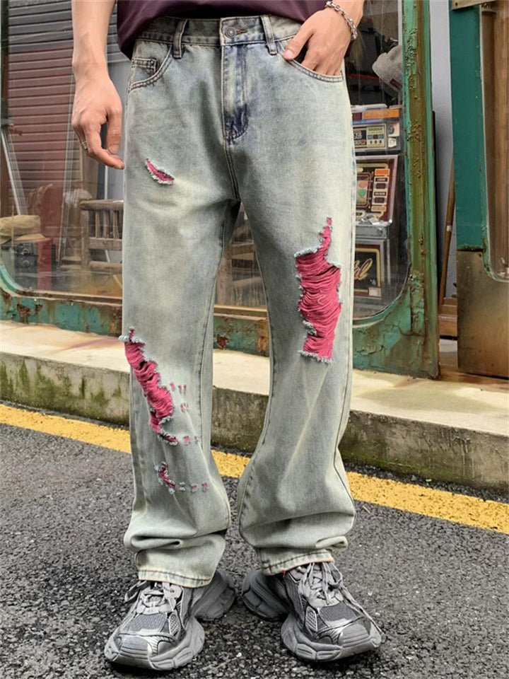 Men's Summer Stylish Trendy Cotton Pink Ripped Jeans