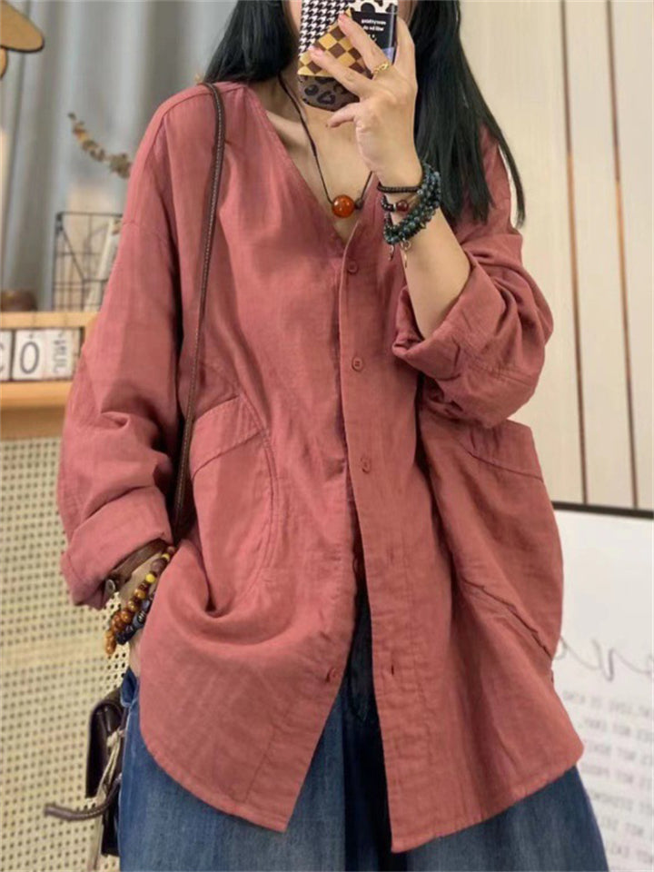 Casual Cotton Long Sleeve V-Neck Shirts for Women