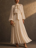 Women Metallic Pleated Tie Neck Lantern Sleeve Maxi Dress
