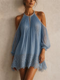 Womens Halter Neck Cold Shoulder Lace Hem Pleated Mini Dress