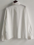 Women's Elegant Autumn Cotton Striped Hollow Stand Collar Long Sleeve Shirts