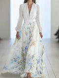 Women's Contrast Color Patchwork Long Sleeve V Neck Maxi Dress