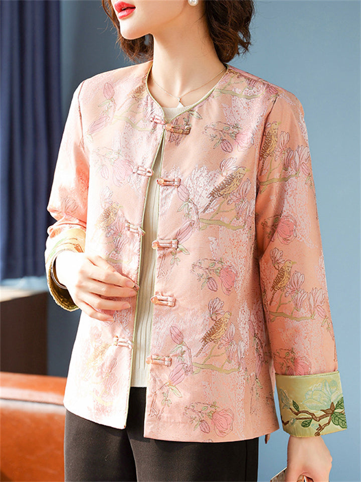 Chinese Style Women's Flowers Print Contrast Color Long Sleeve Jacket