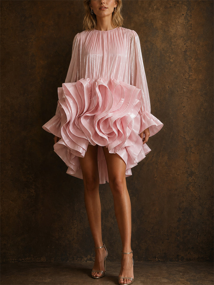 Women Pink Shiny Tiered Ruffle Long Sleeve Party Mini Dress
