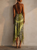 Women Leopard Print Halter Backless Cutout Asymmetric Midi Dress