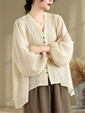 Women's Summer Elegant Loose Lace Patchwork Solid Color Long Sleeve Shirts