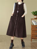 Women's Solid Color Round Neck Pockets Corduroy Vest Dress