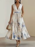 Women's Elegant V-Neck Print Holiday Style Sleeveless Pleated Dress