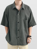 Men's Summer Casual Ramie Cotton Solid Color Pocket Lapel Shirts