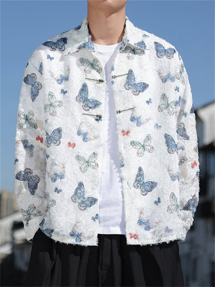 Men's Vintage Butterfly embroideried Long Sleeve Shirt