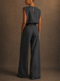Womens Grey 2 Piece Shoulder Pad Top and Wide Leg Trousers Set