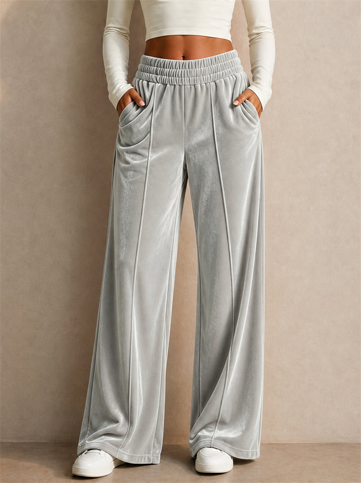 Womens Grunge Style Velvet Elastic High Waisted Wide Leg Pants