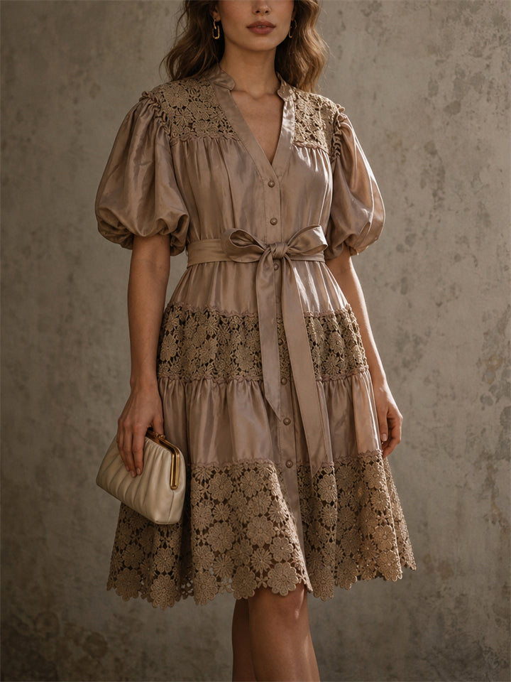 Women Shimmer Puff Sleeve Smocked Wedding Guest Dress