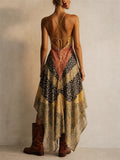 Women Boho Floral Patchwork Backless Handkerchief Hem Dress