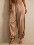 Women Satin High Waist Drawstring Loose Harem Jogger Pants