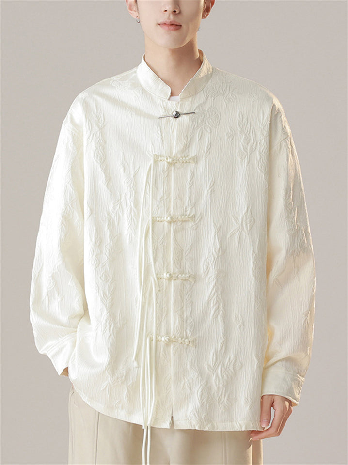 Chinese Style Men's Stand Collar Jacquard Long Sleeve Shirts
