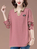 Women's Loose Cotton Stripe Lapel Long Sleeve Shirts