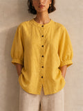 Women Linen Blend Puff Sleeve Button Down Summer Blouse