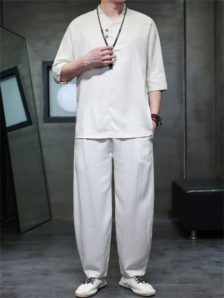 Men's Summer Casual Solid Color Half Sleeve Tang Suit Outfits