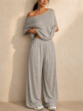 Womens Casual Two Piece Off Shoulder Top and Wide Leg Pants Set