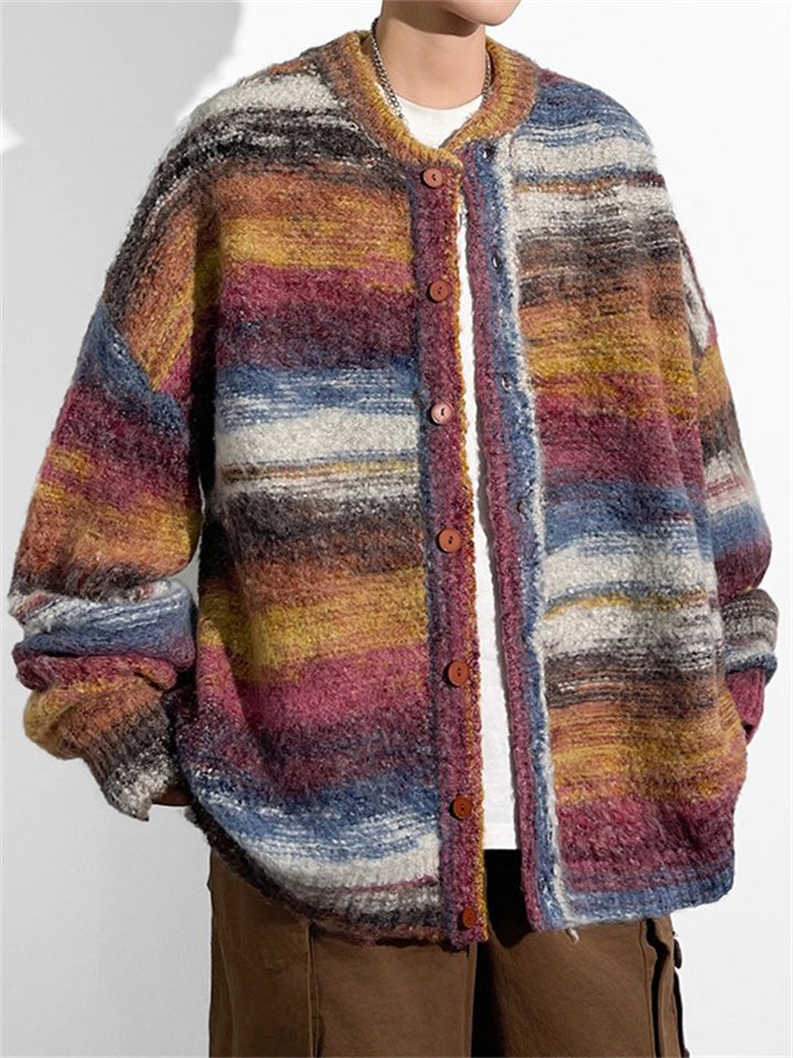 Men's Autumn Contrast Color Lazy Style Loose Cardigan Sweater