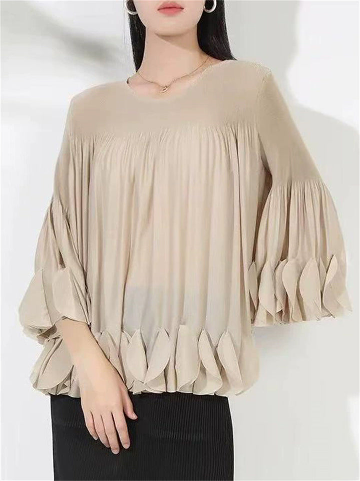 Women's Loose Fit Elegant Chic Crew Neck Ruffle Blouse
