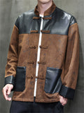 Men's Chinese Style PU Leather Suede Patchwork Tangsuit Jacket with Calligraphy Print