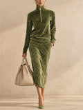 Women Leopard Print Velvet Two Piece Set Zip Up Top and Midi Skirt Outfit