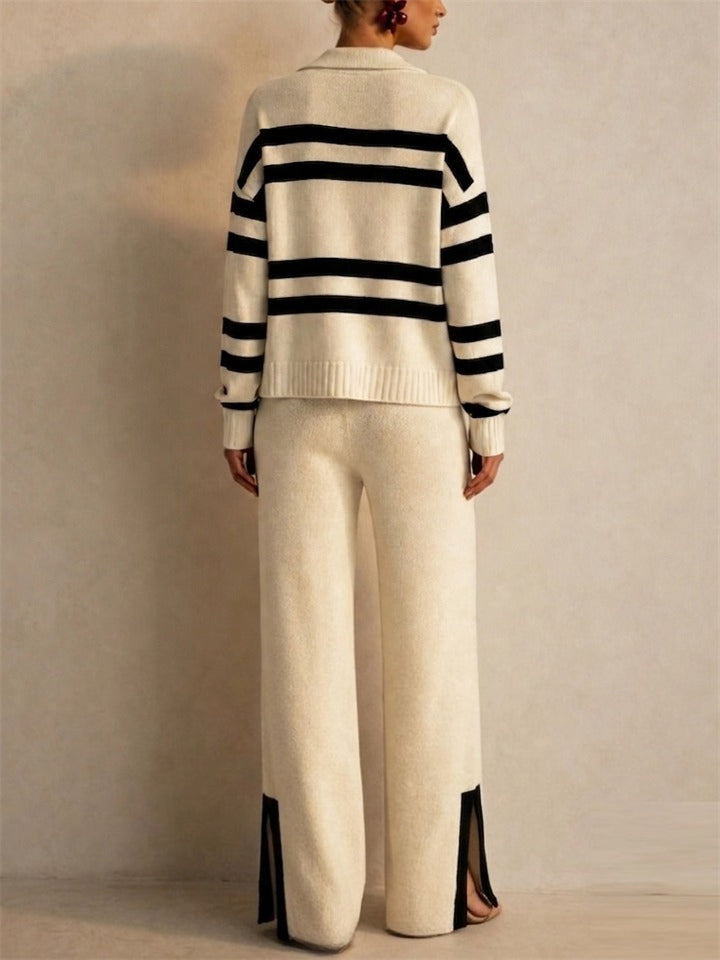 Women Striped 2 Piece Knit Polo Neck Wide Leg Slit Pants Set