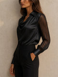 Womens Satin Cowl Neck Sheer Striped Sleeve Blouse