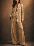 Women's Gold Sequin Single Breasted 2 Piece Blazer Wide Leg Party Suit