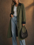 Women Green Long Trench Coat Contrast Collar Jacket