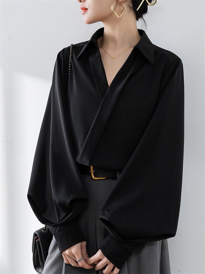 Women's Elegant Puff Long Sleeve V-Neck Shirts