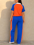 Women Color Block Short Sleeve Polo and Wide Leg Track Pants Set