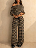 Womens Two Piece Striped Off Shoulder Top and Wide Leg Pants Set