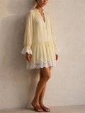 Women Lace Trim Long Sleeve V Neck Flowy Tunic Dress