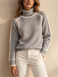 Women Turtleneck Knit Contrast Trim Long Sleeve Pullover Sweater