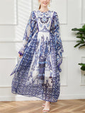 Women's Elegant Round Neck Print Flare Sleeve Maxi Dress