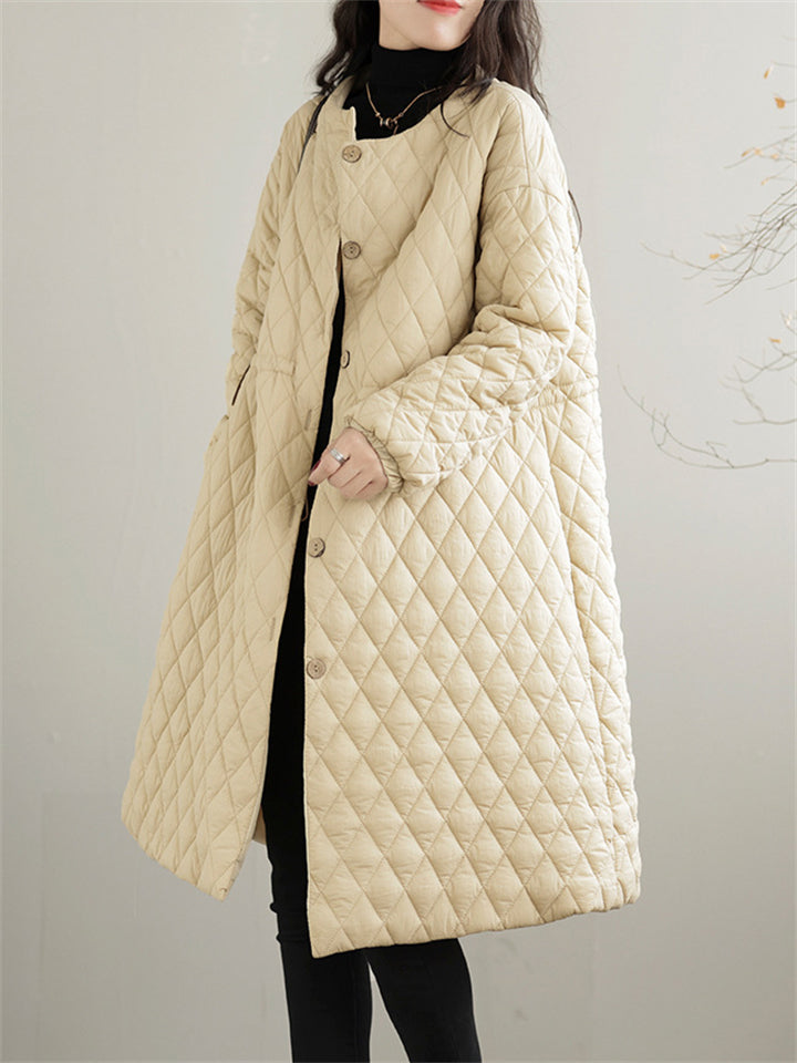 Loose Diamond Quilted Mid Length Long Sleeve Coat for Women