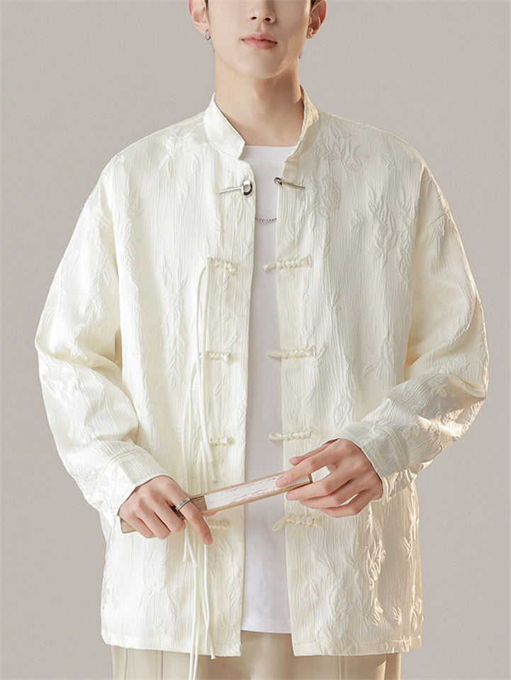 Chinese Style Men's Stand Collar Jacquard Long Sleeve Shirts