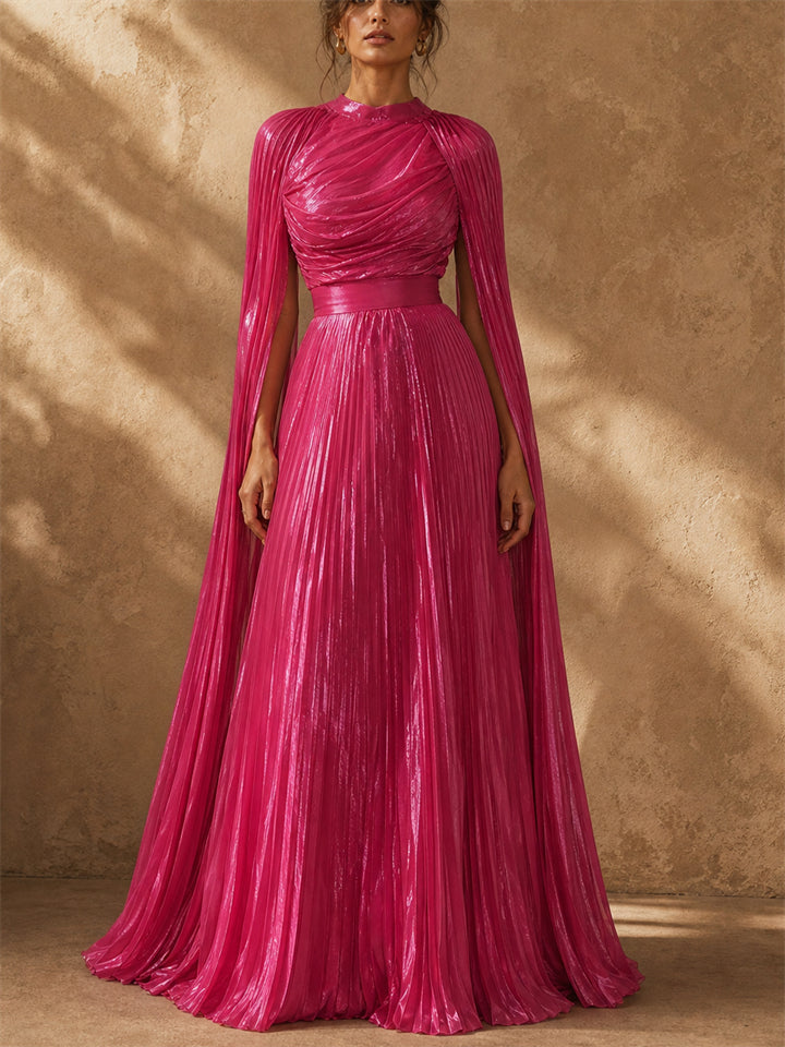 Women French Style Pleated Cape Sleeve Formal Evening Maxi Dress