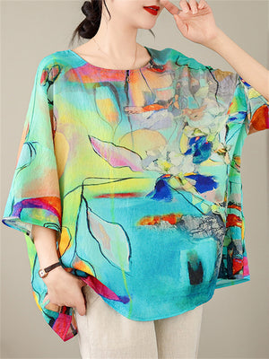Women's Extra Loose Multicolor Print Short Sleeve Shirt
