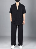 Men's Summer Plus Size V-Neck Short Sleeve Set with Loose Fit and Drawstring Pants