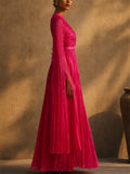 Women French Style Pleated Cape Sleeve Formal Evening Maxi Dress