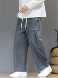 Men's Japanese Style Simple Pleated Drawstring Wide Leg Pants with Pockets