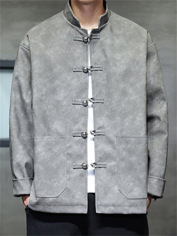 Men's Faux Leather Frog Button Kung Fu Tang Suit Mandarin Jackets