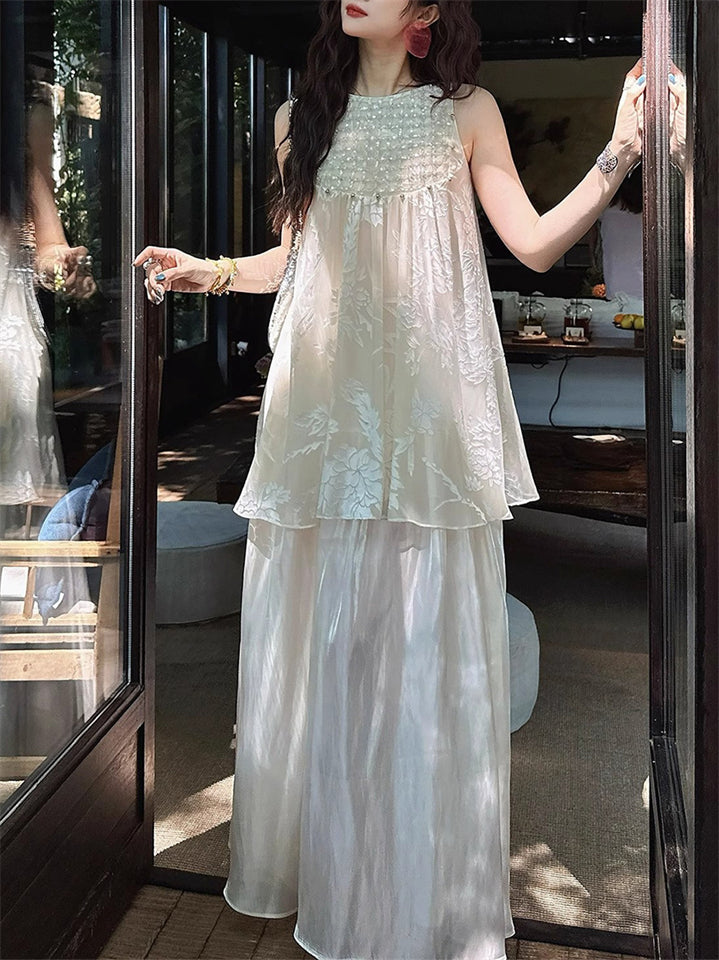 Women's Oriental Style Elegant Print Patchwork Sleeveless Dress