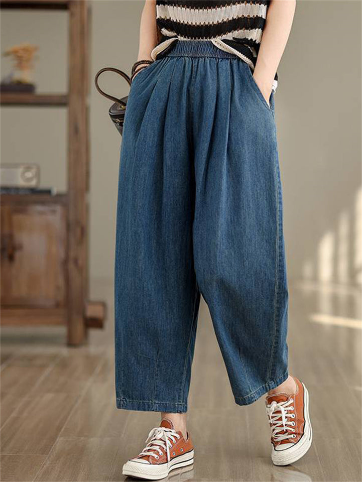 Women's Retro Distressed Wide-Leg Straight Cropped Jeans