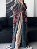 Women's Geometric Print Pleated Long Sleeve Cardigan Coat